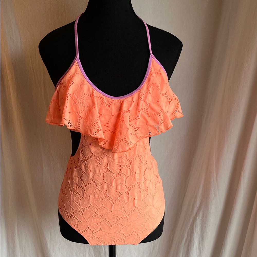 Victoria's Secret Coral Lace Swimsuit with purple accent